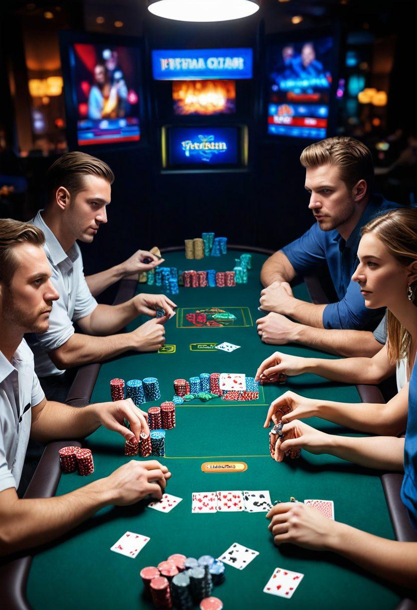 A dynamic scene showcasing a diverse group of players engaged in poker, surrounded by a virtual landscape filled with poker chips, cards, and digital tournament banners. The setting shifts from a casual home game atmosphere to an intense competitive environment, highlighting the transformation in their expressions. Incorporate elements like glowing screens displaying tournament stats, vibrant lights, and a colorful blend of digital effects to emphasize the excitement of the virtual poker world. super-realistic. vibrant colors. 3D.