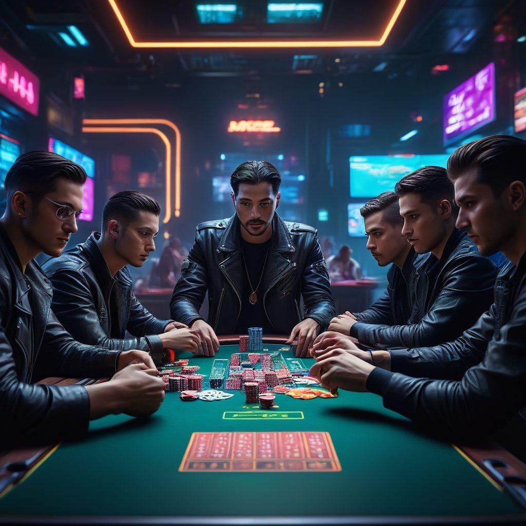 A dynamic scene depicting a group of diverse players engaged in an intense poker game surrounded by vibrant chips and cards, with a focus on expressions of concentration and excitement. The setting should have neon lighting and a modern casino ambiance to illustrate interactive poker experiences. Include elements like digital screens showing tips and a clear view of the poker table filled with colorful chips. artistic style: super-realistic, cyberpunk, vibrant colors.
